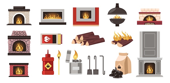 Indoor heating stove. Fireplaces with burning wood fire flame poker shovel fuel, cartoon bundle of hearths elements flat style cozy home interior. Vector set. Match, lighter and coal for fire
