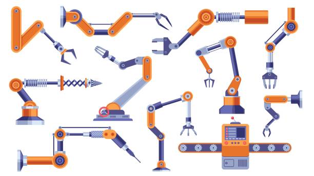 Industrial robot arm. Robotic electronic hand manipulator with machine parts, automation process car manufacturing concept. Vector flat set Industrial robot arm. Robotic electronic hand manipulator with machine parts, automation process car manufacturing concept. Vector flat set of robot equipment, arm or hand robotic illustration robotic arm stock illustrations