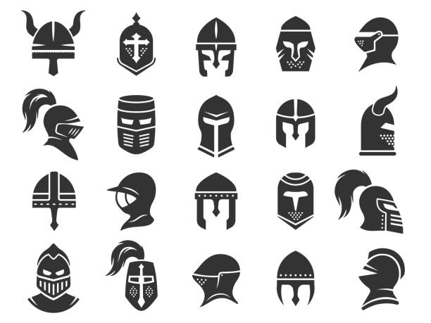 Medieval helmets. Ancient warrior knight head armor with visor plumage, spartan fighter protective elements flat style. Vector isolated collection Medieval helmets. Ancient warrior knight head armor with visor plumage, spartan fighter protective elements flat style. Vector isolated collection of warrior head helmet, medieval knight illustration roman army stock illustrations