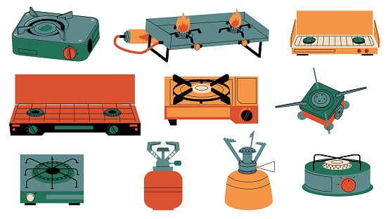 Camping stoves. Cartoon portable tourism gas burners, outdoor propane hob furnaces, camp picnic cooking equipment with open fire. Vector isolated set of tourism gas burner equipment illustration