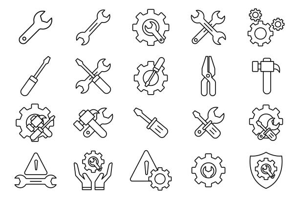 ilustraciones, imágenes clip art, dibujos animados e iconos de stock de icono del conjunto de herramientas. icono relacionado con mantenimiento, reparación, servicio. estilo de icono de contorno. diseño vectorial simple editable - wrench