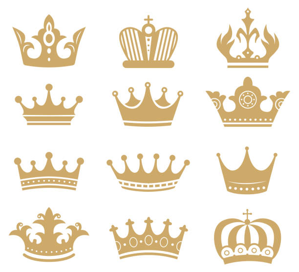 kuvapankkikuvitukset aiheesta kultainen kruunun siluetti. kuninkaalliset kuningas- ja kuningatarelementit eristetty valkoisella. monarkkikorut, diadeemi tai tiara prinsessalle - diadem