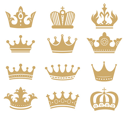 Gold crown silhouette. Royal king and queen elements isolated on white. Monarch jewelry, diadem or tiara for princess or objects for princess coronation. Vintage royalty symbols vector set