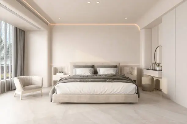 Modern Bedroom Interior With Double Bed, Armchair And Night Tables