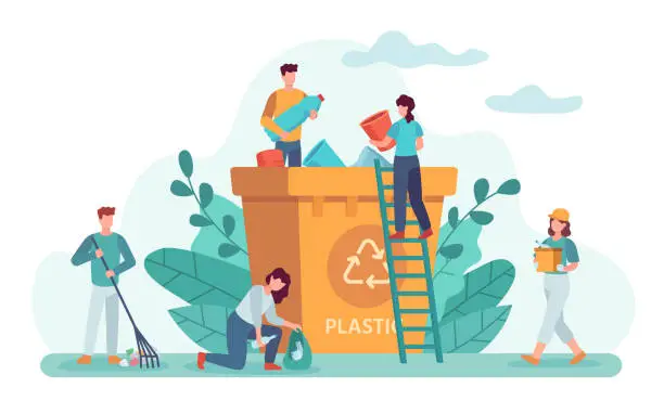 Vector illustration of People clean up garbage. Volunteers gathering trash for recycling. Tiny people collecting plastic litter and putting into huge bin