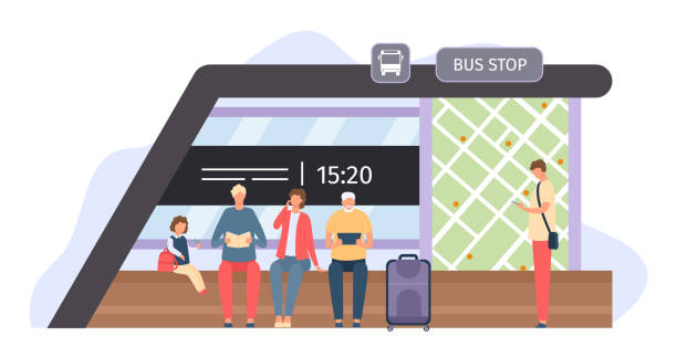 バス停で待っている人。現代の駅に座っている女性と男性の乗客。ルートマップの近くに立つ男性 - mobile phone smart phone portable information device mobility点のイラスト素材／クリップアート素材／マンガ素材／アイコン素材