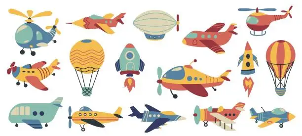 Vector illustration of Cute aviation. Doodle colorful air transport, funny airplane helicopter hot air balloon blimp rocket, childish toy aircraft cartoon style. Vector isolated set