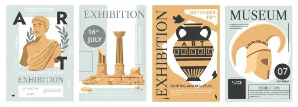 Vector illustration of Antique exhibition posters. Contemporary museum flyer design with ancient ruins and greek sculptures for event invitation, magazine or cover. Vector set