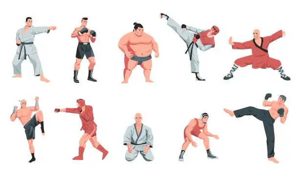 Vector illustration of Martial arts fighters. Cartoon warrior characters sparring and training in uniform, traditional fight activity karate judo aikido sports. Vector isolated set