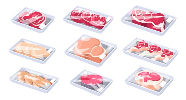 ilustrações, clipart, desenhos animados e ícones de pacote de carne dos desenhos animados. perna congelada embalada a vácuo quartos salsichas presunto, bandeja com bifes de carne de porco cordeiro embalado por filme de cozinha transparente. conjunto de vetores - airtight packing meat food