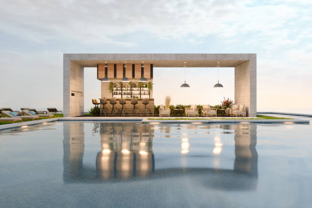 bar de lujo en la piscina con sillones, taburetes y tumbonas - swimming pool resort swimming pool poolside sea fotografías e imágenes de stock