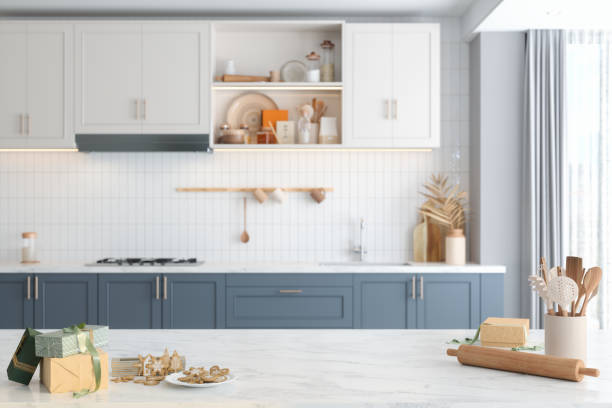istock Modern Kitchen With Homemade Gingerbread Cookies And Gift Boxes On Kitchen Counter.  Baking And Selling Cookies 1472441771