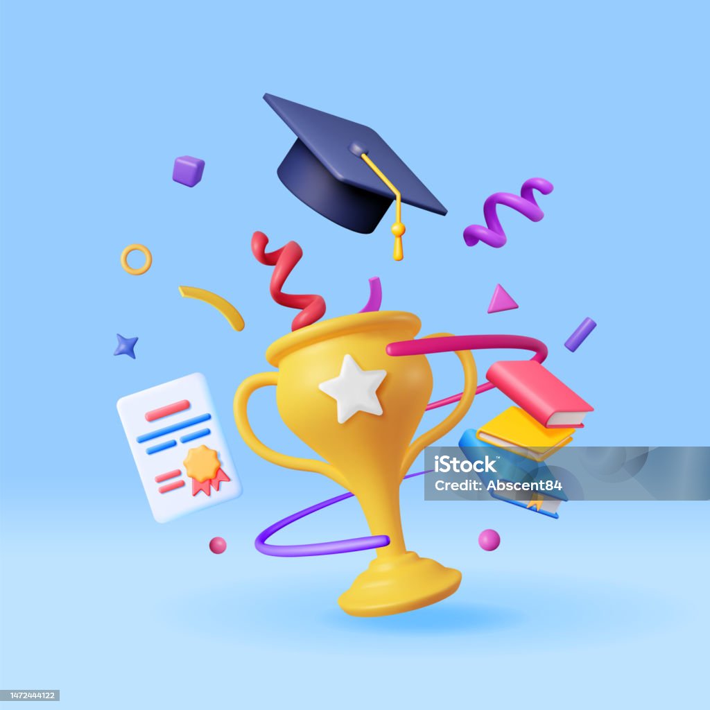 Graduation 3d Gold 3d Gold Trophy Books Stack And Graduation Cap Stock Illustration ...