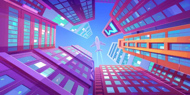 Vector illustration of Airplane flying over skyscrapers low angle view
