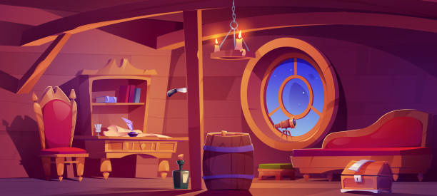 istock Pirate captain ship cabin, wooden room interior 1472446157