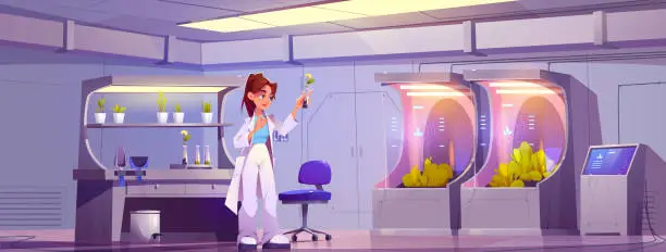 Vector illustration of Woman scientist in laboratory learning plants