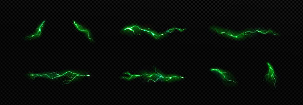 Green lightnings, thunderbolt discharges Green lightnings, electric strikes, thunderbolt discharges isolated on transparent background. Set of magic sparking, electric impact effects, vector realistic illustration wave png stock illustrations