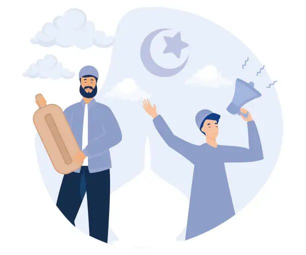 Vector illustration of People waking up for the sahur, Calling people for sahur. Knocking kentongan, flat vector modern illustration