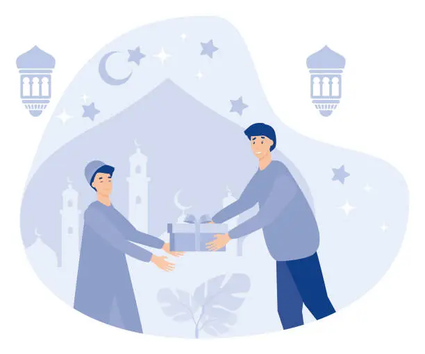 Vector illustration of Muslim people giving sadaqa to poor people, ramadhan kareem, flat vector modern illustration