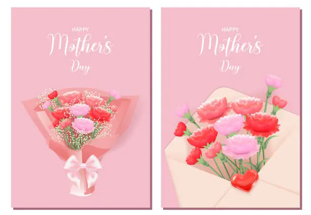 Vector illustration of A set of pink cards with carnation bouquets as the main theme