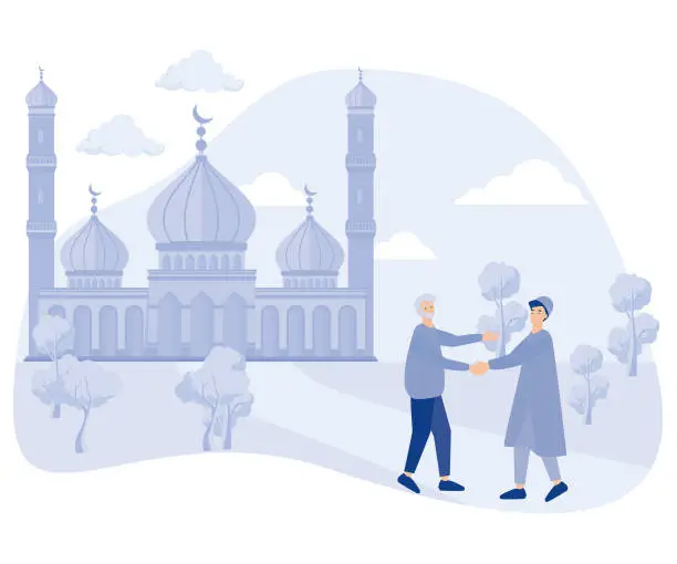 Vector illustration of Muslims meet then shake hands and say Assalamualaikum in the courtyard of the mosque after shalat,  flat vector modern illustration
