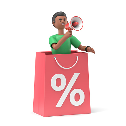 3D illustration of handsome afro man David sale announcement with megaphone inside shopping bag,3D rendering on blue background.