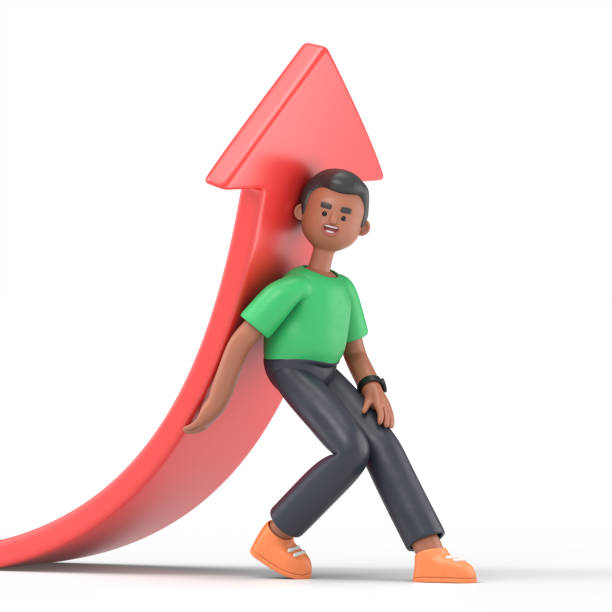 istock 3D illustration of handsome afro man David lifting up red arrow, 3D rendering on white background. 1472447657