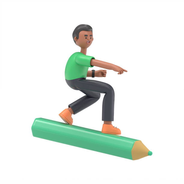 istock 3D illustration of handsome afro man David riding on a giant pencil. 3D rendering on white background. 1472447663