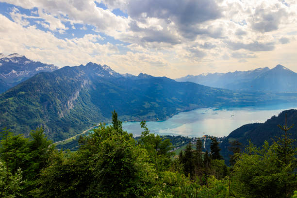 vista aérea de tirar o fôlego do lago thun e alpes suíços do ponto de vista de harder kulm, suíça - thun aerial view switzerland tree - fotografias e filmes do acervo