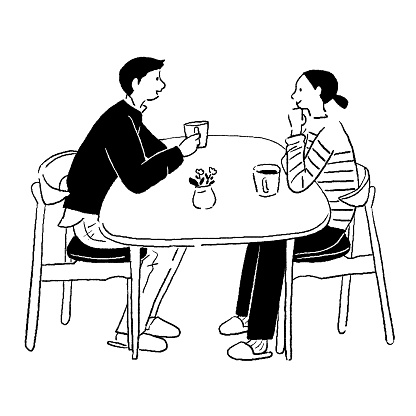 Hand-drawn vector line drawing of a man and woman having tea