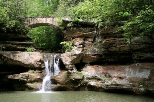 Bridge and Waterfall in Hocking Hills State Park, Ohio
