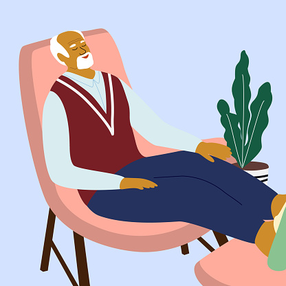 Elderly Male Character Relaxing or sleeping in the armchair.  Elderly old people help and care service, happy retirement concept.  Vector Illustration