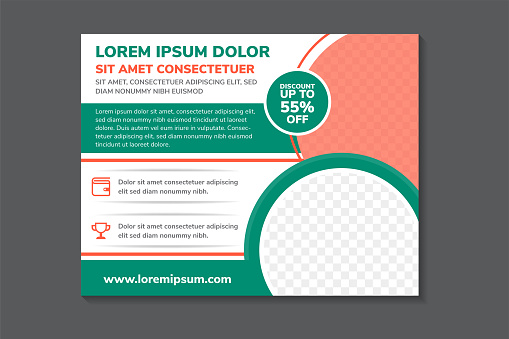 dummy text banner. abstract geometric flyer template design use horizonal layout combined with green and orange elements. white background with circle space for photo collage.