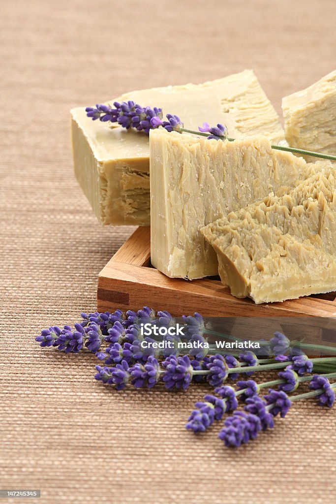 lavender aromatherapy natural lavender soap and fresh lavender flowers - body care Aromatherapy Stock Photo