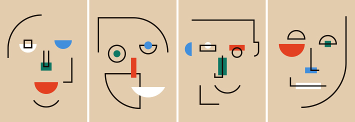 Set of abstract portraits in bauhaus style. Poster designs with geometric shapes.