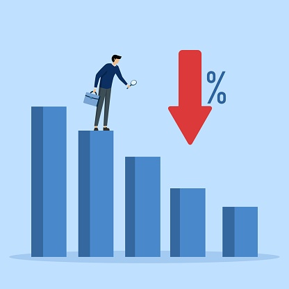Business Decline Concept, businessman analyzing decline chart and bar graph. loss or reduced profits, investment forecast economic recession, negative returns, reduced prices or financial decline.