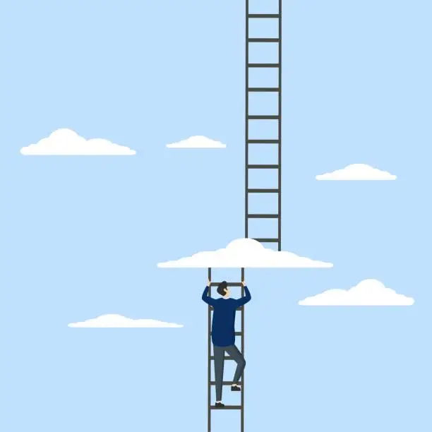 Vector illustration of Concept of Going to the next level, entrepreneur climbing ladder to cloud level to reach next level.