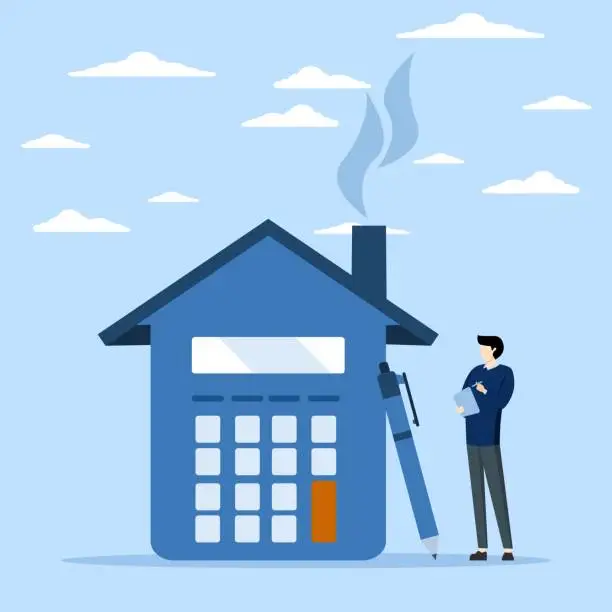 Vector illustration of Home mortgage calculation, housing budget, businessman or broker holding pen and book with house calculator.