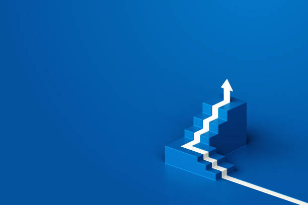 seta branca para cima com escada azul no fundo azul do chão, seta 3d subindo sobre uma escada, escadas 3d com seta subindo, renderização 3d - succesful - fotografias e filmes do acervo