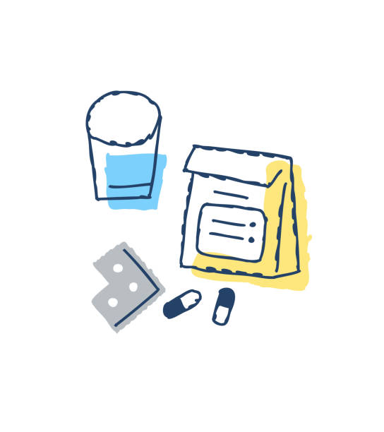 ilustrações de stock, clip art, desenhos animados e ícones de prescription medicine and a glass of water - taking pills glass pill white background