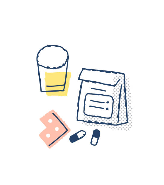 ilustrações de stock, clip art, desenhos animados e ícones de prescription medicine and a glass of water - taking pills glass pill white background