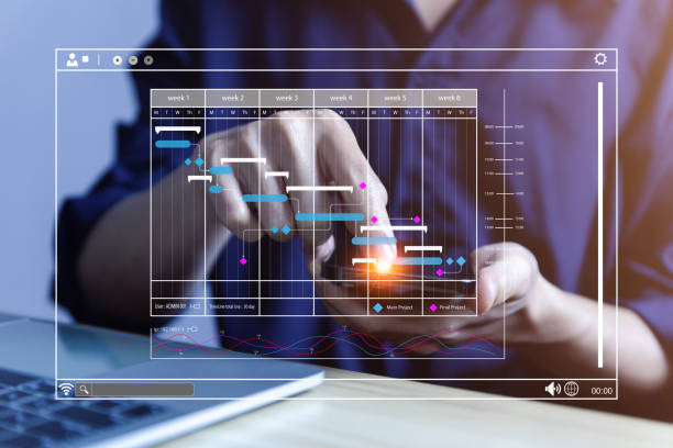 istock Manage business planning project schedules in the office. Display Gantt charts on virtual screens. 1472460854