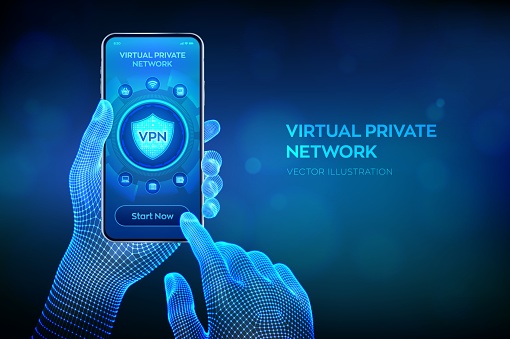 VPN. Virtual private network. Data encryption, IP substitute. Secure VPN connection concept. Cyber security and privacy. Closeup smartphone in wireframe hands. Vector illustration