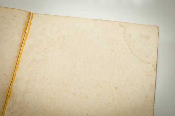 Close-up of an aged, yellowed blank sheet of vintage paper with textured surface and stained edges. Perfect for historical or nostalgic design themes.