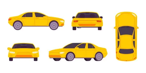 Vector illustration of Sedan sides view. Yellow auto car or taxi template side front back top views, drive automobilism concept vehicle parking driver mockup isolated colourful cars vector illustration