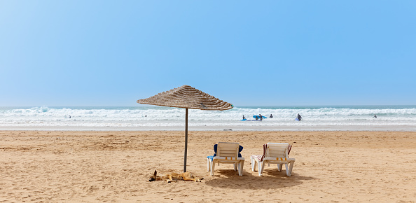Beach and umbrella in Morocco near Essaouira