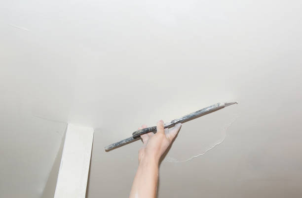 Builder plastering and finishing ceiling during house renovation. Ceiling repair and renovation before painting.