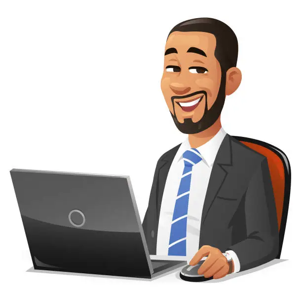 Vector illustration of Young Businessman With Beard Using Laptop
