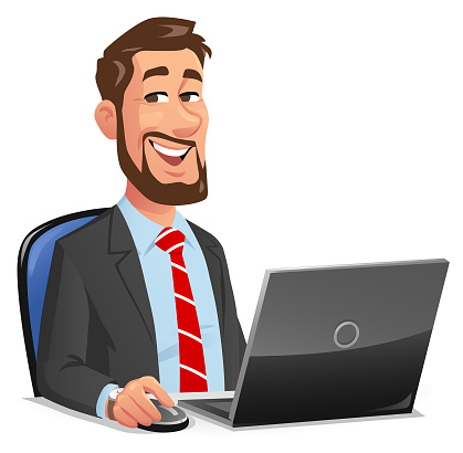 Vector illustration of young businessman with a beard, wearing a necktie and a suit, sitting at a desk working on a laptop, isolated on white.