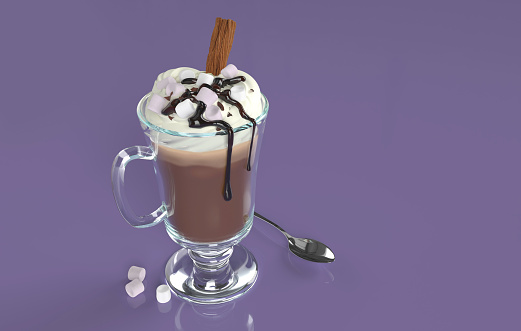 Hot chocolate drink in a glass topped with cream, marshmallows, chocolate sauce and chocolate flake, isolated on purple background next to a teaspoon.